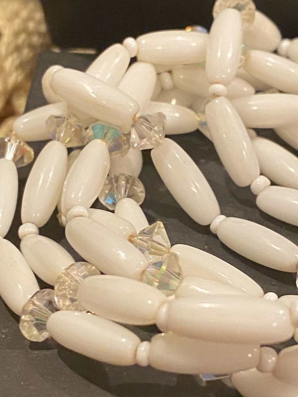 White Milk Glass Multi-Strand Beaded Bracelet with Crystal Accents - Picture 5 of 11